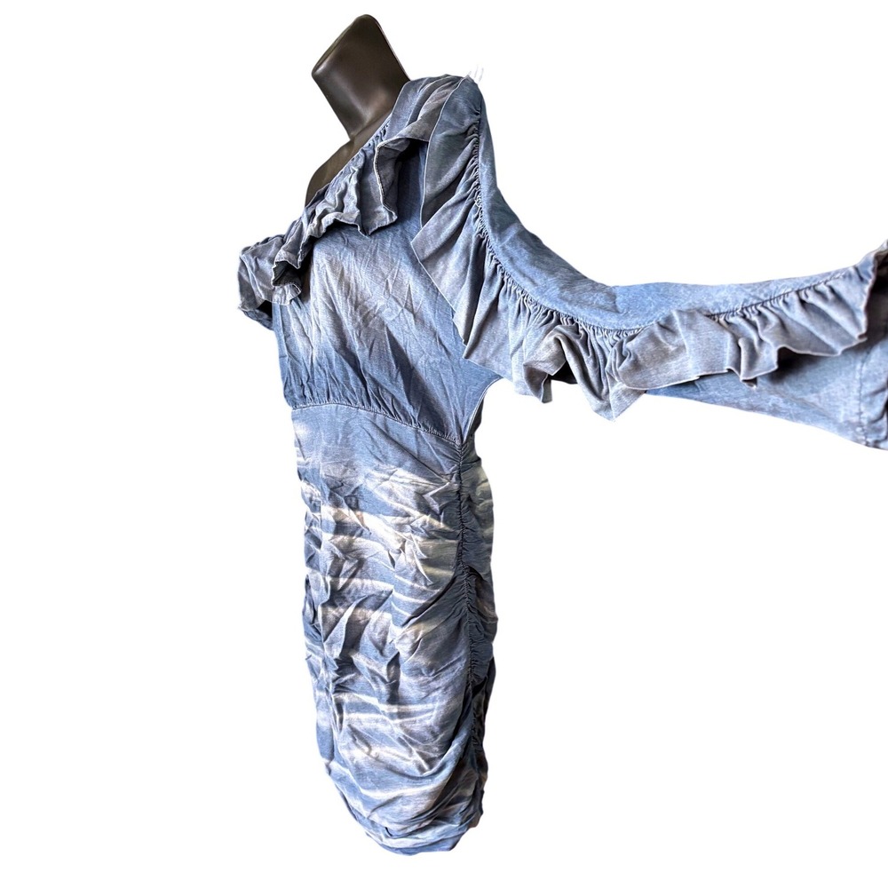 L'Atiste by Amy Blue One Shoulder Ruched Ruffle Denim Look Dress CD877DD Large